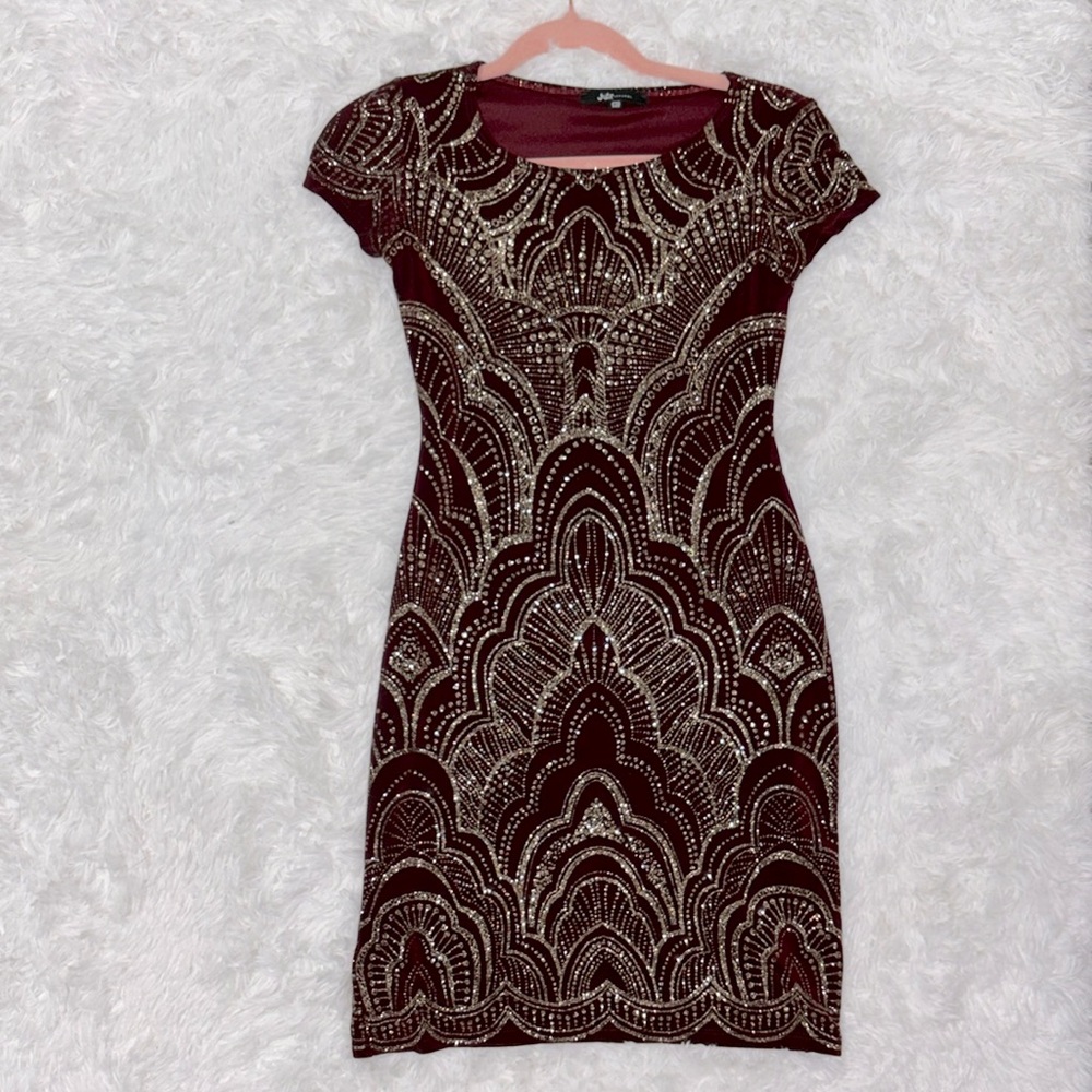 Dark red and gold sparkly formal minidress